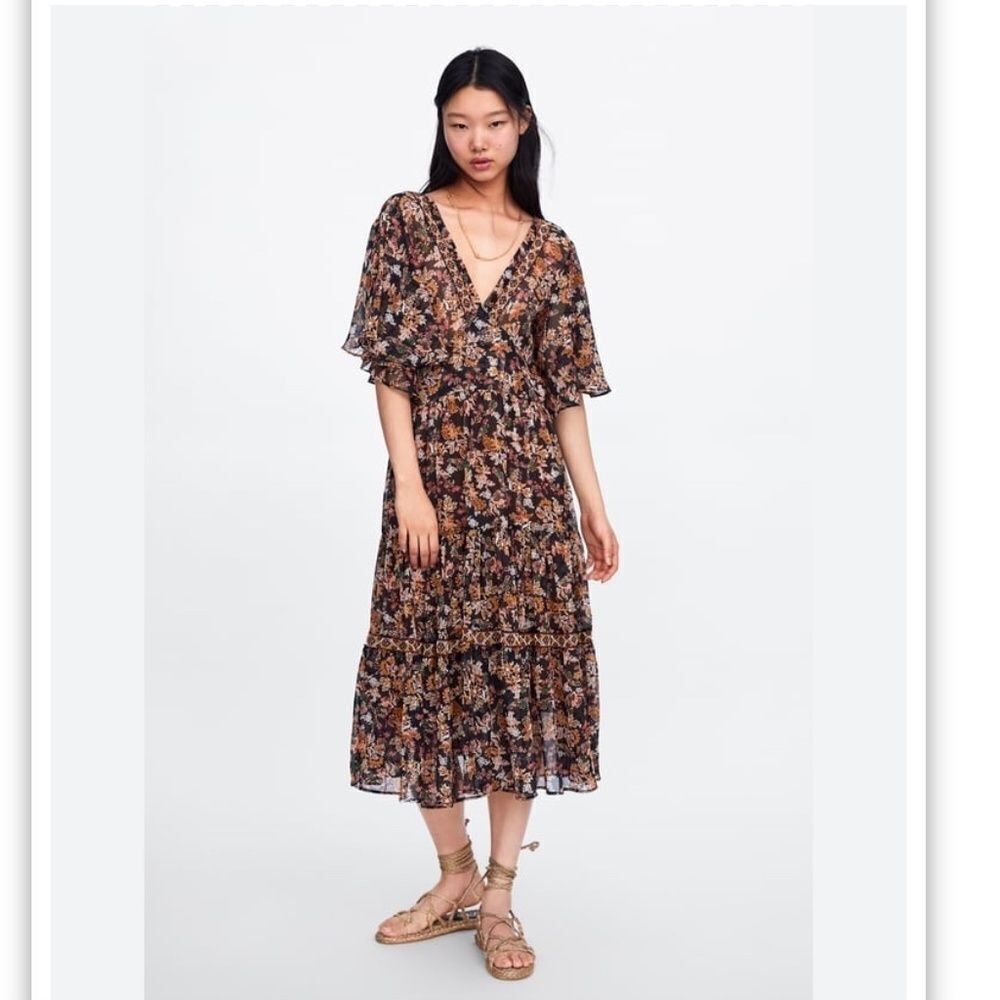 Zara Floral Print Midi Dress with deep V back black Size S
